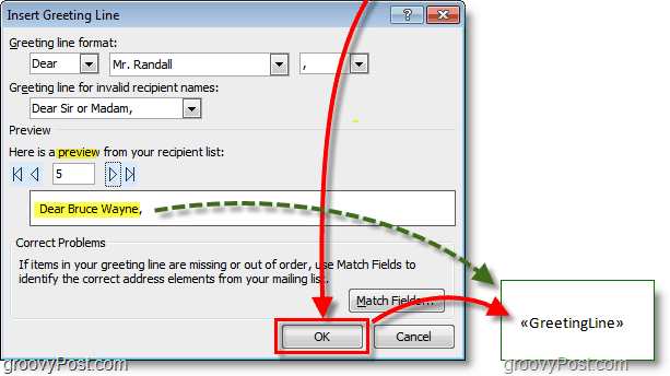 Snímka obrazovky programu Outlook 2010 – ponechajte predvolené možnosti riadka pozdravu a kliknite na tlačidlo OK, zobrazí sa aj ukážka