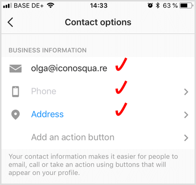pridať kontaktné informácie pre obchodný účet Instagram