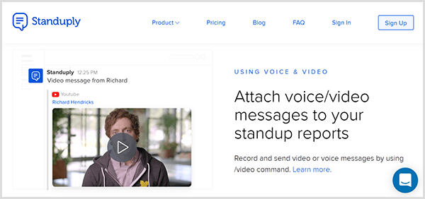 Web Standuply zobrazuje vo videu Slack obrázok videozáznamu pridaného pomocou doplnku Standuply.