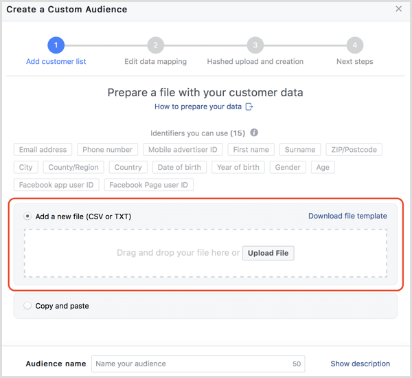 Nahrávanie údajov o zákazníkoch na Facebook