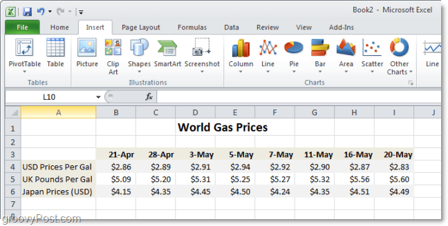 Tabuľka porovnania svetovej ceny plynu v Exceli 2010