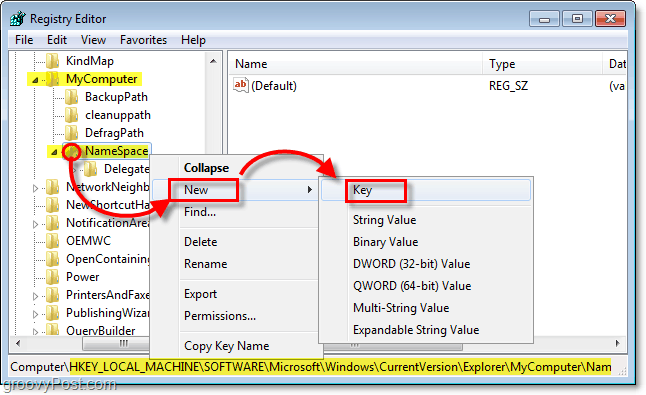 v systéme Windows 7 pridajte nový kľúč do kľúča NameSpace