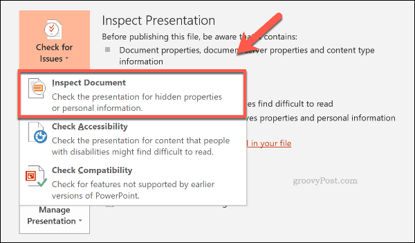 Tlačidlo Skontrolovať dokument v programe PowerPoint