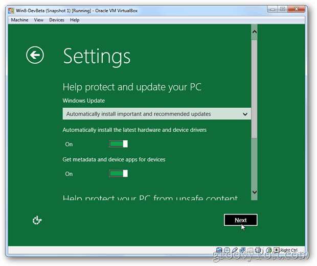 Nastavenia a aktualizácia VirtualBox Windows 8