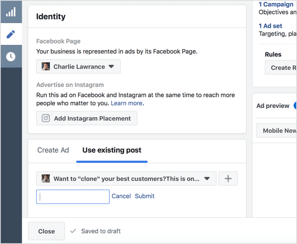 Vyberte možnosť Použiť existujúci príspevok a zadajte ID príspevku na Facebooku.