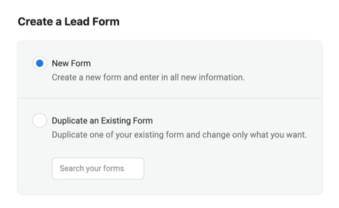Reklamy na Facebooku pre potenciálnych zákazníkov vytvárajú nový formulár pre potenciálnych zákazníkov s vybratou možnosťou nového formulára