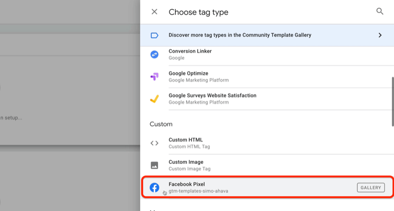 príklad manažéra značiek Google nová značka s ponukou Vybrať typ značky a možnosťou facebook pixel zvýraznená pod vlastnou časťou