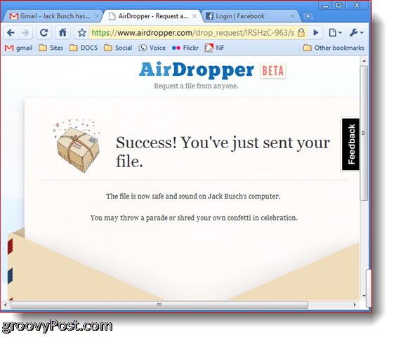 Dropbox Airdropper súbor s obrázkom úspechu odoslaný