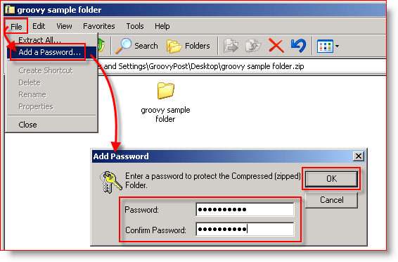Vstavaná kompresia Windows XP - pridanie hesla