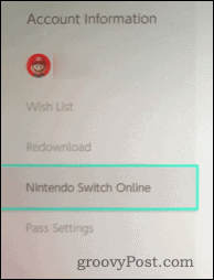 Informácie o účte Nintendo Switch