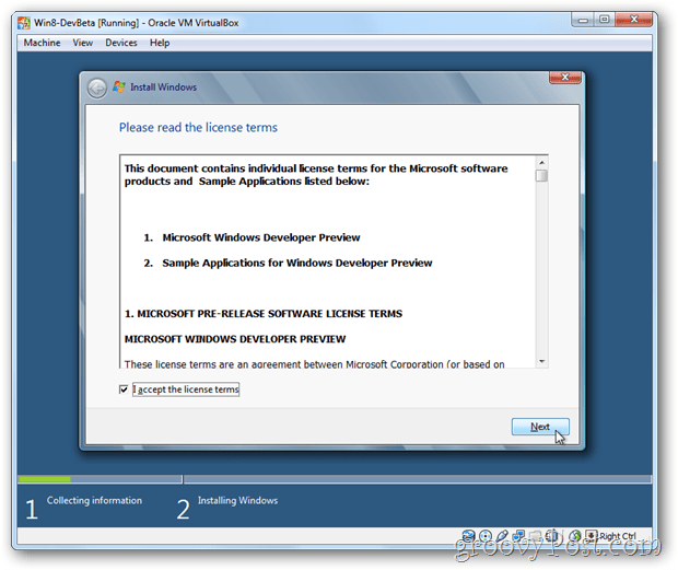 Aplikácia VirtualBox Windows 8 eula prijíma licenciu