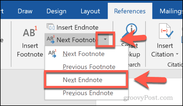 Tlačidlo Next Endnote v programe Word