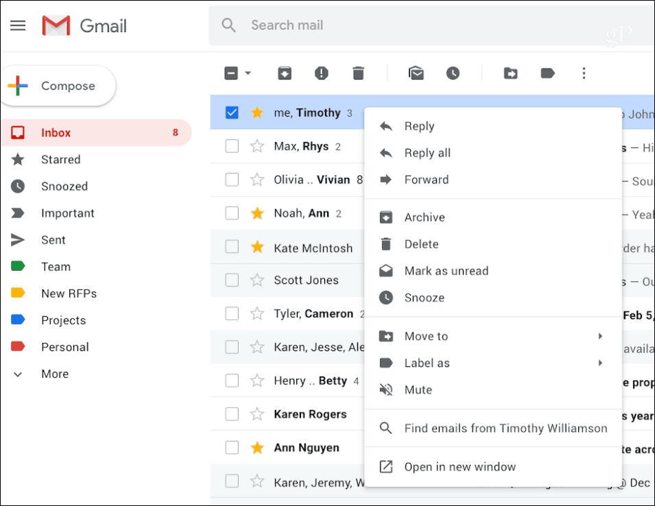 Kontextové menu služby Gmail pravým tlačidlom myši