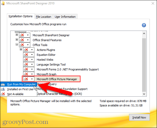 V inštalácii Sharepoint Designera povoľte spustenie z tohto počítača pre Microsoft Office Picture Manager