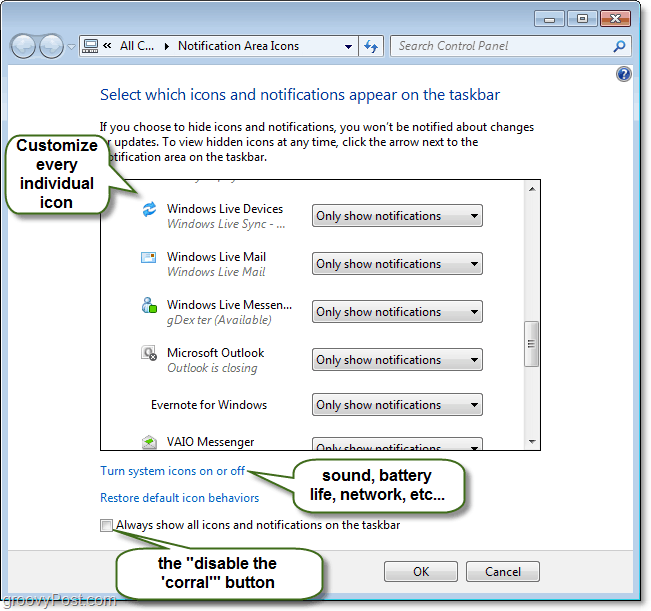 Prispôsobenie ovládacieho panela oznámení na paneli úloh systému Windows 7