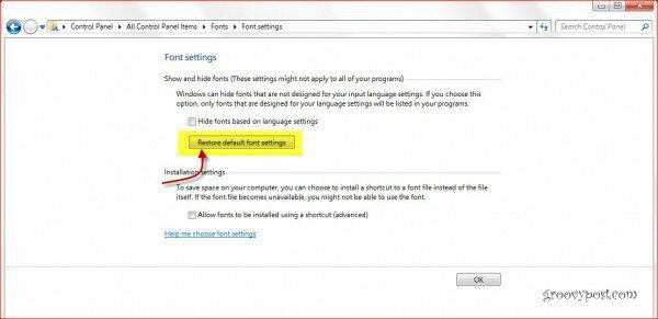 Obnovte predvolené nastavenia písiem systému Windows 7