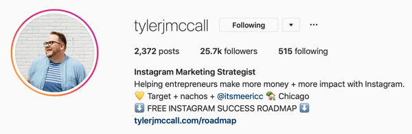 Príklad obrázka a bioinformácie profilu Instagram Business od používateľa @tylerjmccall.
