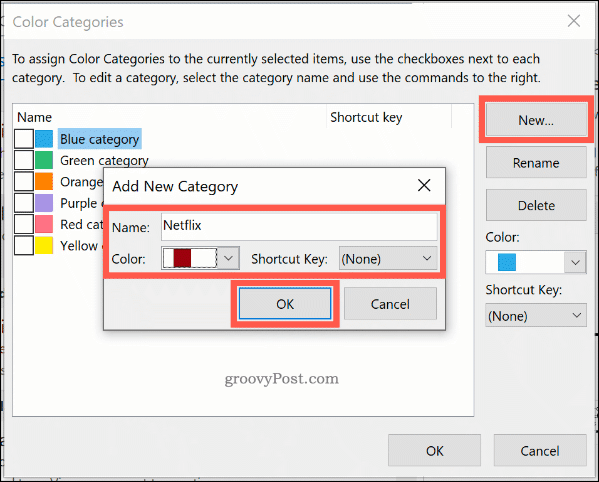 Vytvorenie novej kategórie farieb v programe Outlook
