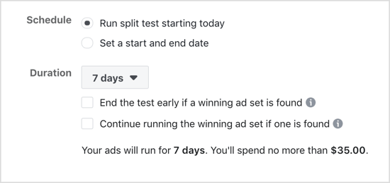 Vyberte možnosť Spustiť test rozdelenia od dnešného dňa pre test rozdelenia na Facebook.