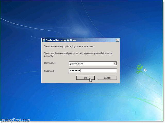 zadajte svoje používateľské meno a heslo na obnovenie systému Windows 7