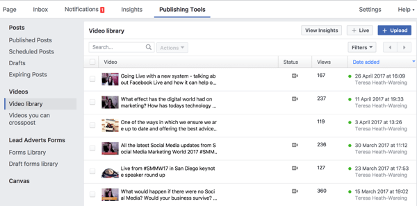 Prístup k svojej kompletnej videotéke na Facebooku nájdete v časti Publishing Tools.