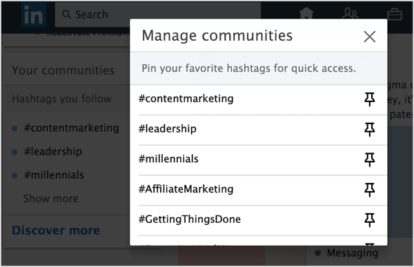 Kliknite na ikonu Pripnúť vedľa hashtagov LinkedIn, ktoré chcete pridať, aby ste pripli na svoj zoznam.