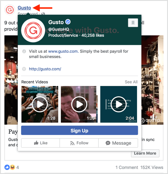 Používateľom sa zobrazí ukážka, keď umiestnite kurzor myši na stránku v reklamách na Facebooku.