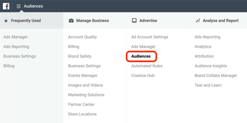snímka obrazovky možnosti Publikum krúžila červenou farbou v ponuke Správcu reklám Facebook