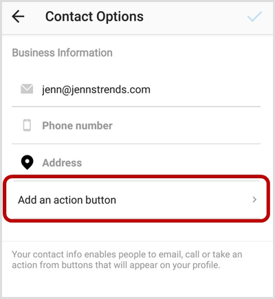 Pridajte možnosť Akčné tlačidlo na obrazovku Možnosti kontaktu Instagramu