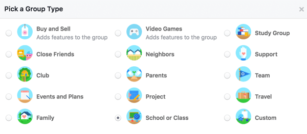 Vyberte typ skupiny a dajte tak používateľom vedieť viac o svojej skupine.