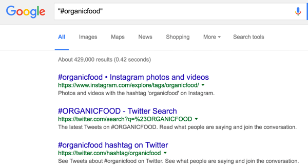 Na vyhľadávanie hashtagov použite vyhľadávanie Google.