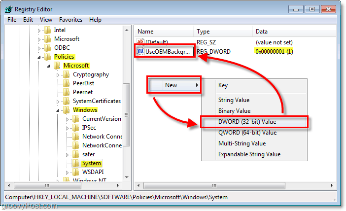 prejdite na kľúč databázy Registry systému Windows 7 HKEY_LOCAL_MACHINESOFTWAREPoliciesMicrosoftWindowsSystem