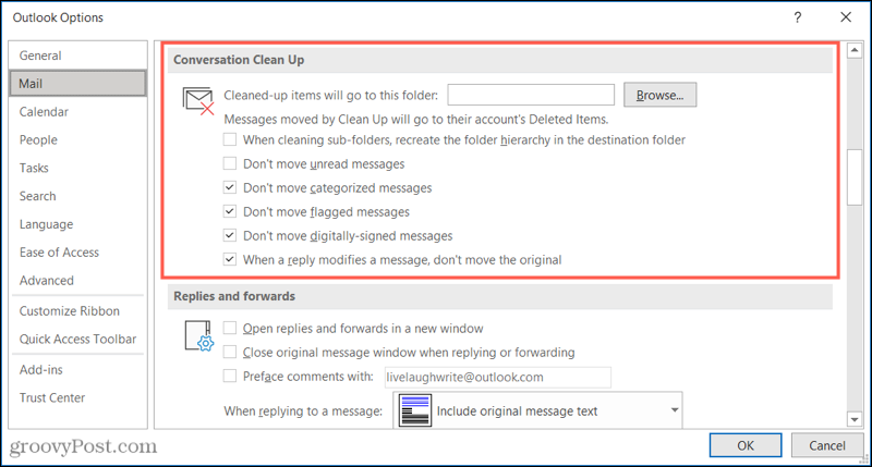Vyčistite nastavenia konverzácie v programe Outlook