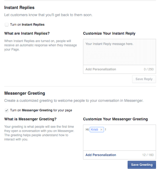 možnosti okamžitých odpovedí a pozdravov na Facebooku