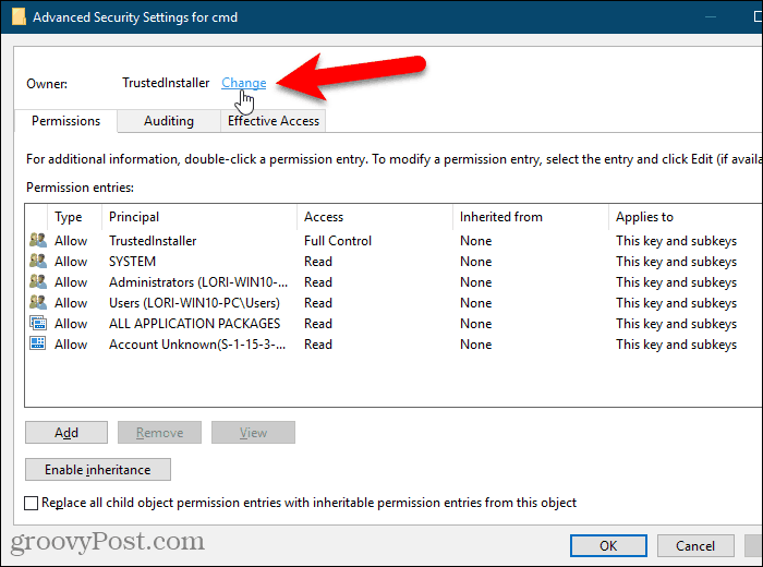 Kliknite na odkaz Zmeniť pre vlastníka kľúča v registri Windows