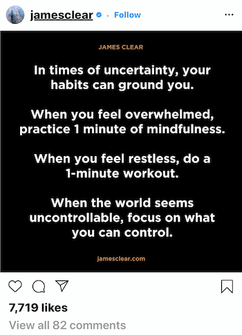 Príspevok Jamesa Cleara na Instagrame o tom, ako vás môžu návyky uzemniť v čase neistoty