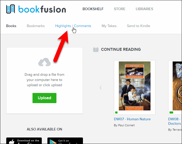 Kliknite na položku Highlights / Comments vo webovom rozhraní BookFusion