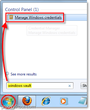 prístup k trezoru okien z vyhľadávania ponuky Štart v systéme Windows 7