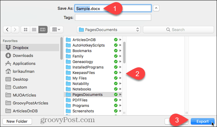 Vyberte umiestnenie pre exportovaný súbor a kliknite na položku Exportovať na stránkach pre Mac