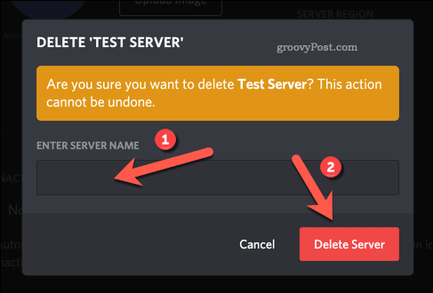 Potvrďte odstránenie servera Discord