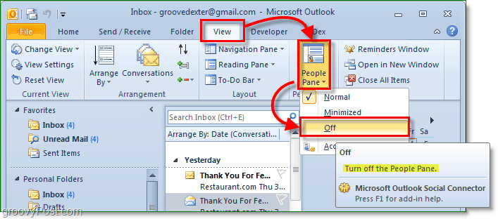 ako vypnúť panel ľudí v aplikácii Microsoft Office Outlook 2010
