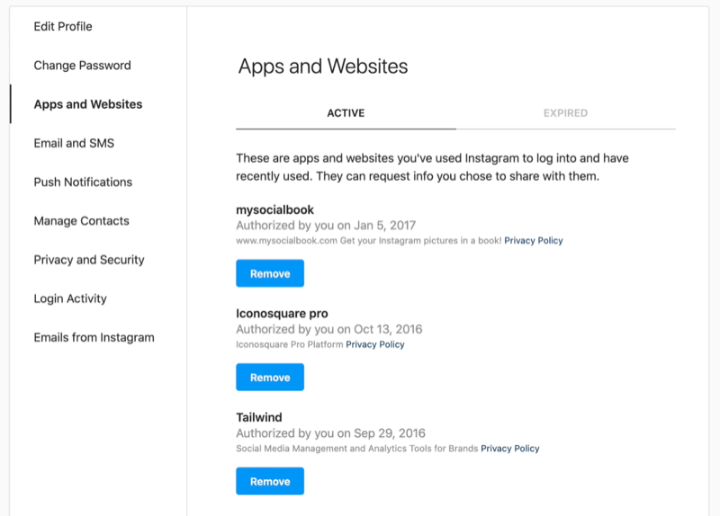 screenshot ponuky aplikácií a webov instagramu s viditeľnou aktívnou kartou, ktorá zobrazuje niekoľko ukážok pripojených aplikácií a webov