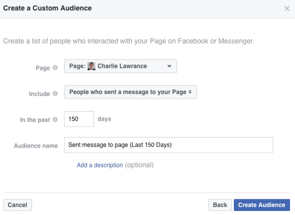 Vyberte túto možnosť, aby ste vytvorili publikum ľudí, ktorí poslali správu na vašu stránku na Facebooku.