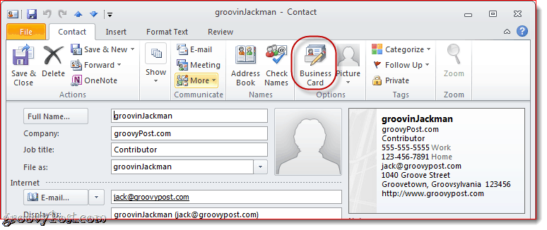 Upraviť vizitku v programe Outlook 2010