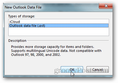 ako vytvoriť súbor pst pre aplikáciu Outlook 2013 - kliknite na súbor údajov programu Outlook