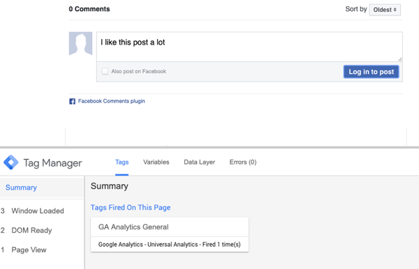 Použite Správcu značiek Google s Facebookom, krok 23, ukážka komentára so súhrnným výberom pre spustenú značku Facebook