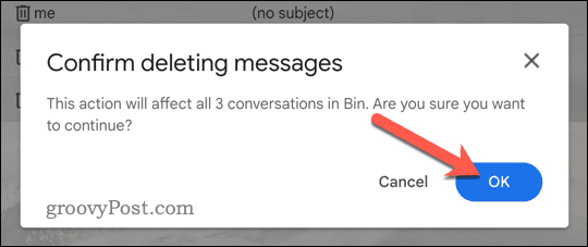 Potvrďte vyprázdnenie priečinka koša Gmailu