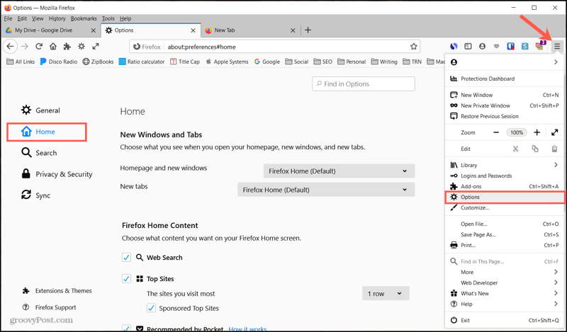 Domovská stránka možností prehliadača Firefox v systéme Windows