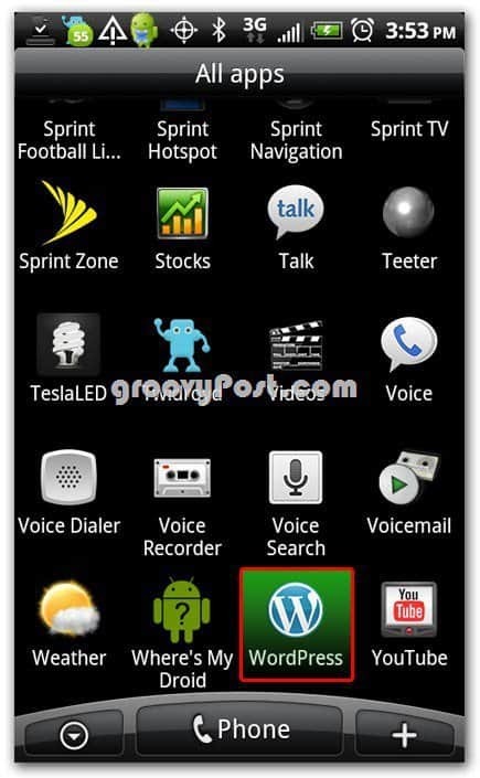 Wordpress na ikonu Android na domovskej obrazovke - dok