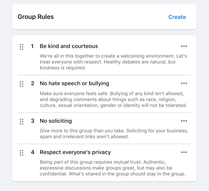 príklad pravidiel nastavených pre skupinu facebook, ako sú láskavosť, žiadne nenávistné prejavy, žiadne žiadosti, atď.
